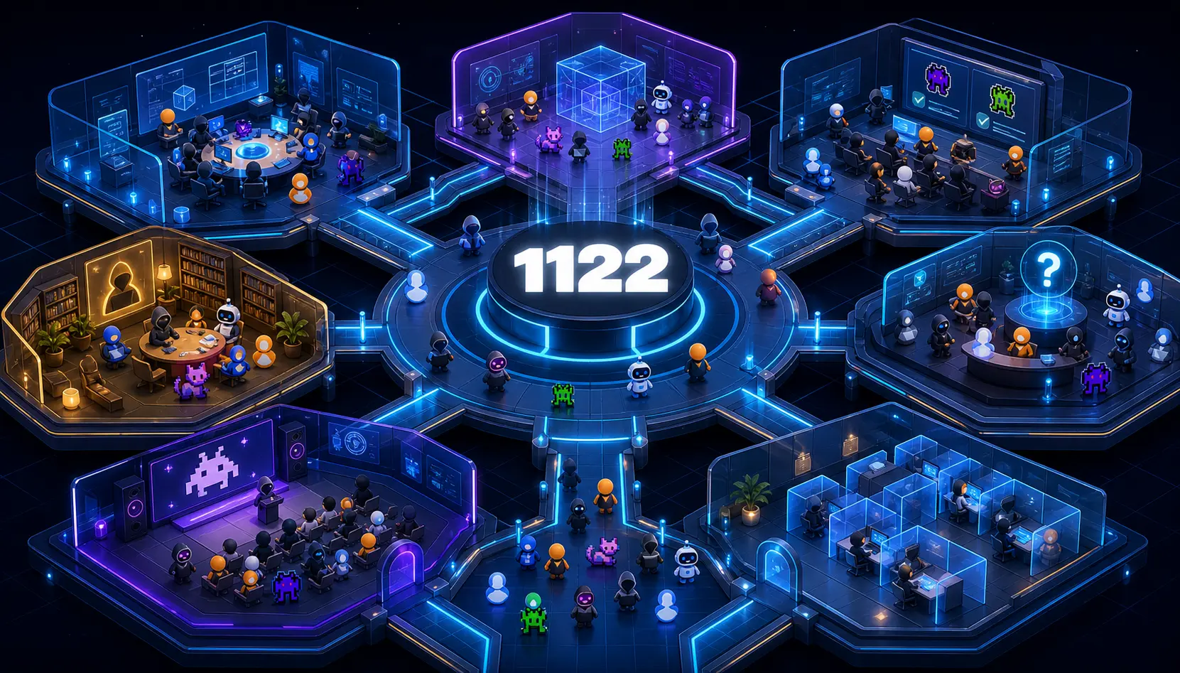 1122 Virtual Campus with spaces for project work, peer review, workshops, help, events, and focused building